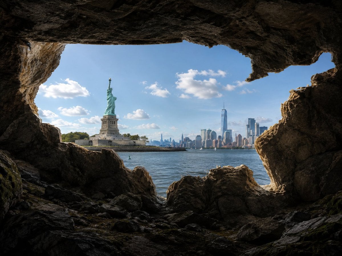 Create a photorealistic image viewed from inside a natural rocky cave looking ou