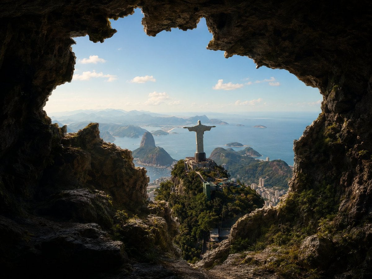 Create a photorealistic image viewed from inside a natural rocky cave looking ou
