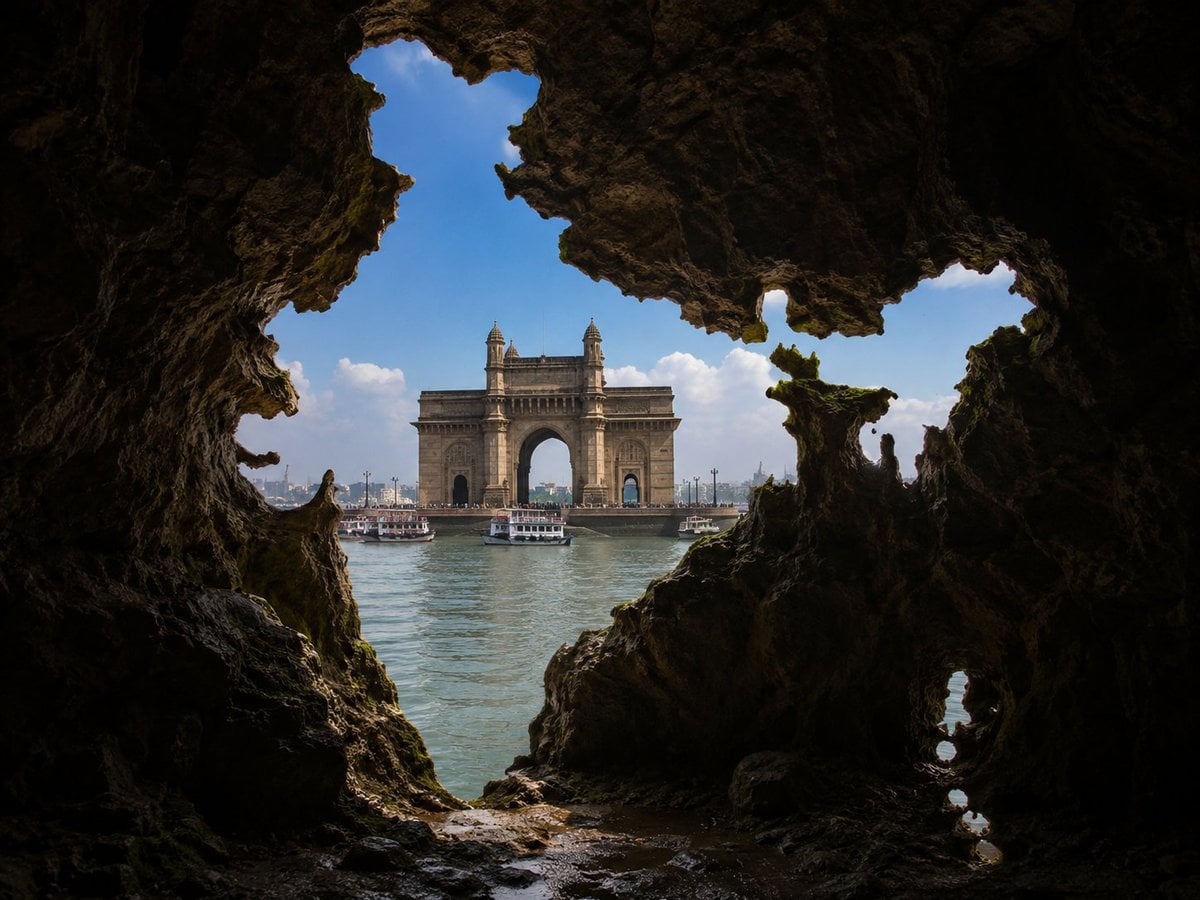 Create a photorealistic image viewed from inside a natural rocky cave looking ou