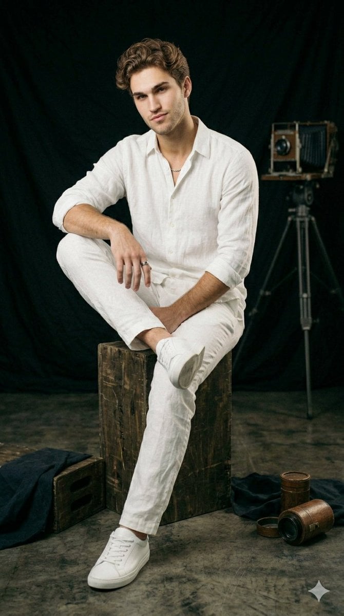 A professional studio portrait collection featuring a handsome young man with st