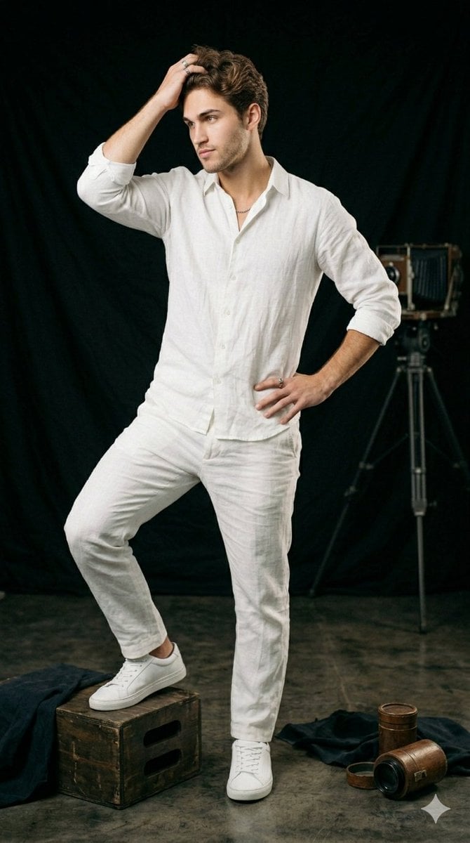 A professional studio portrait collection featuring a handsome young man with st