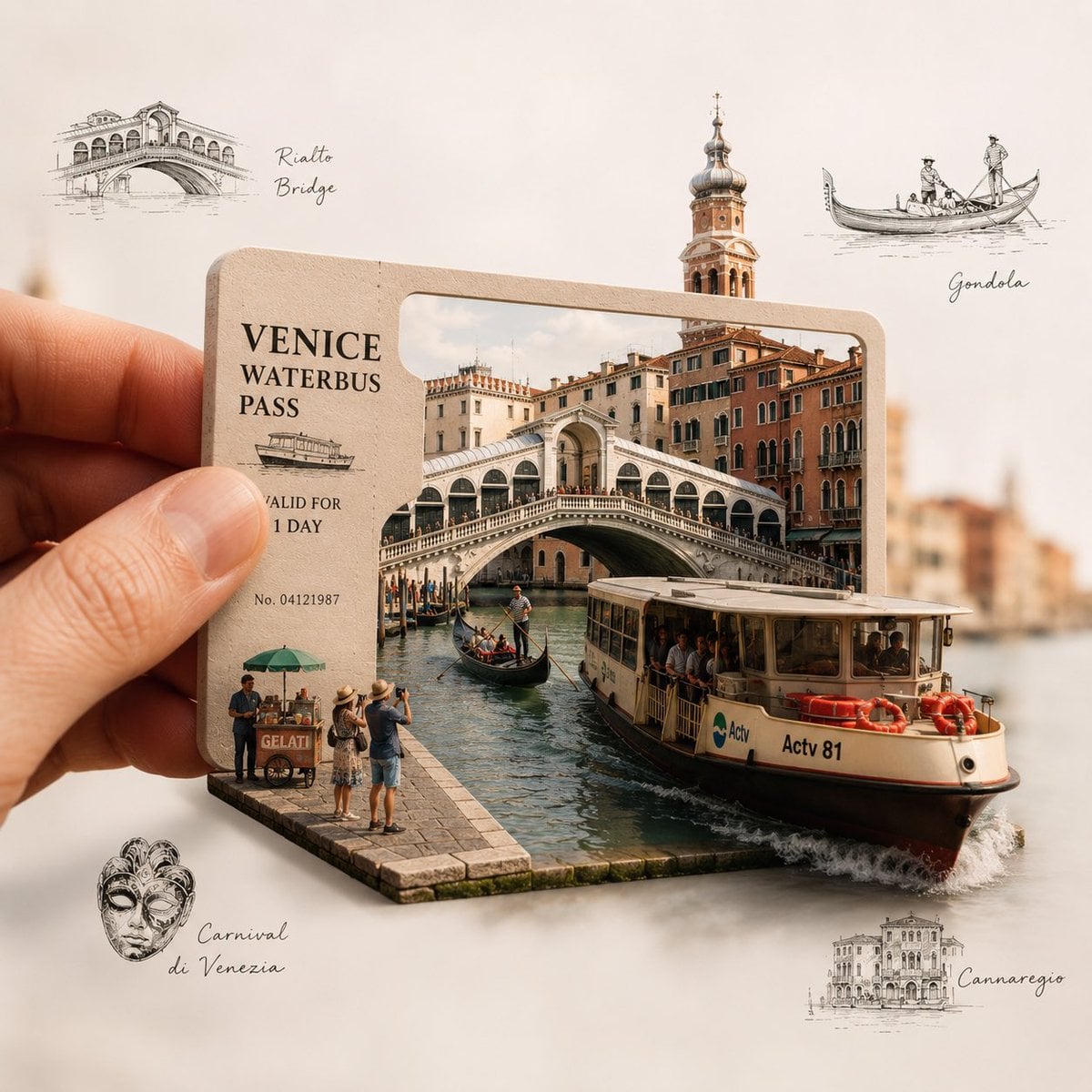 Create a highly detailed, premium travel-art illustration featuring a hand holdi