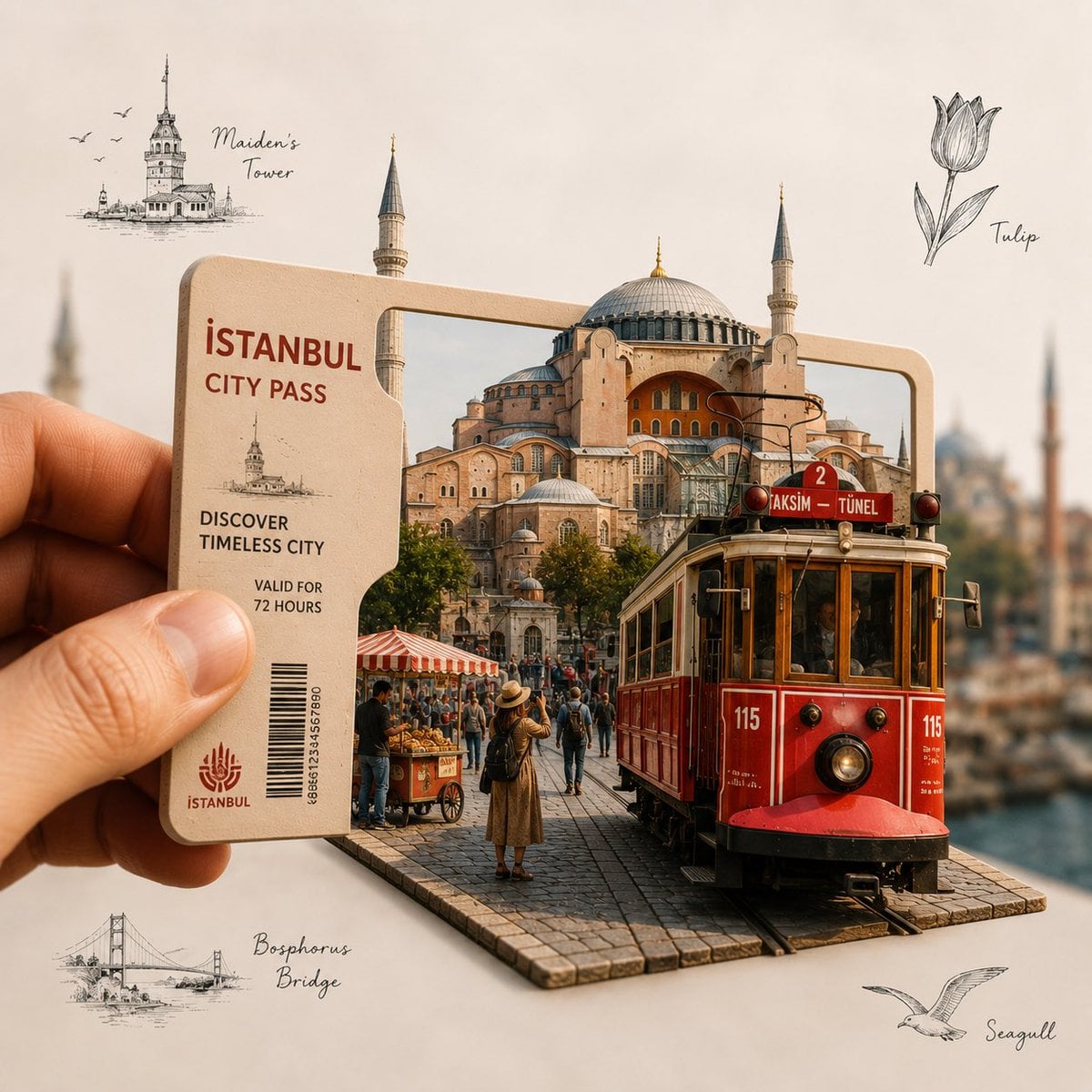 Create a highly detailed, premium travel-art illustration featuring a hand holdi