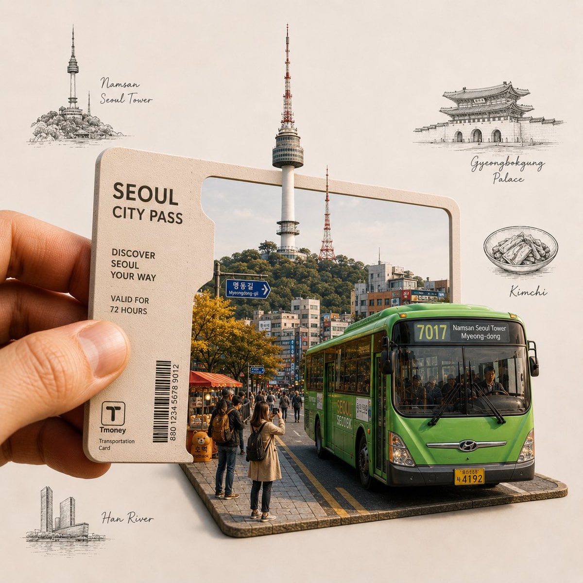 Create a highly detailed, premium travel-art illustration featuring a hand holdi
