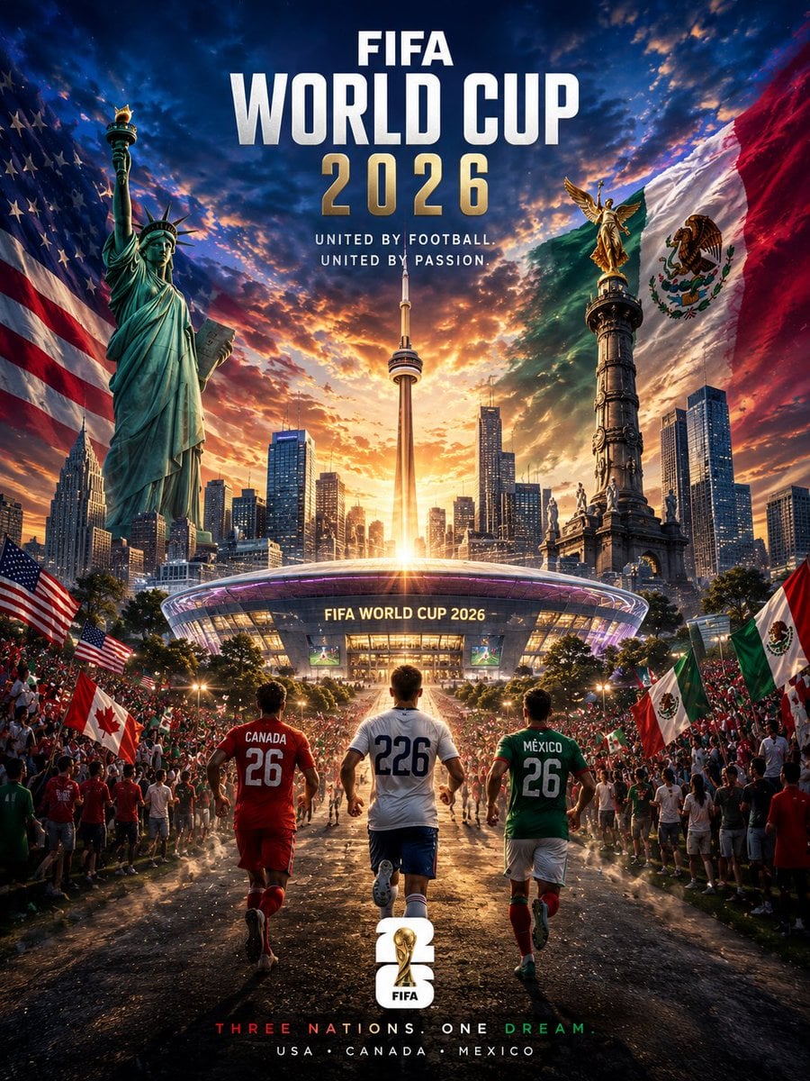 FIFA World Cup 2026 official-style cinematic poster, giant golden World Cup trop