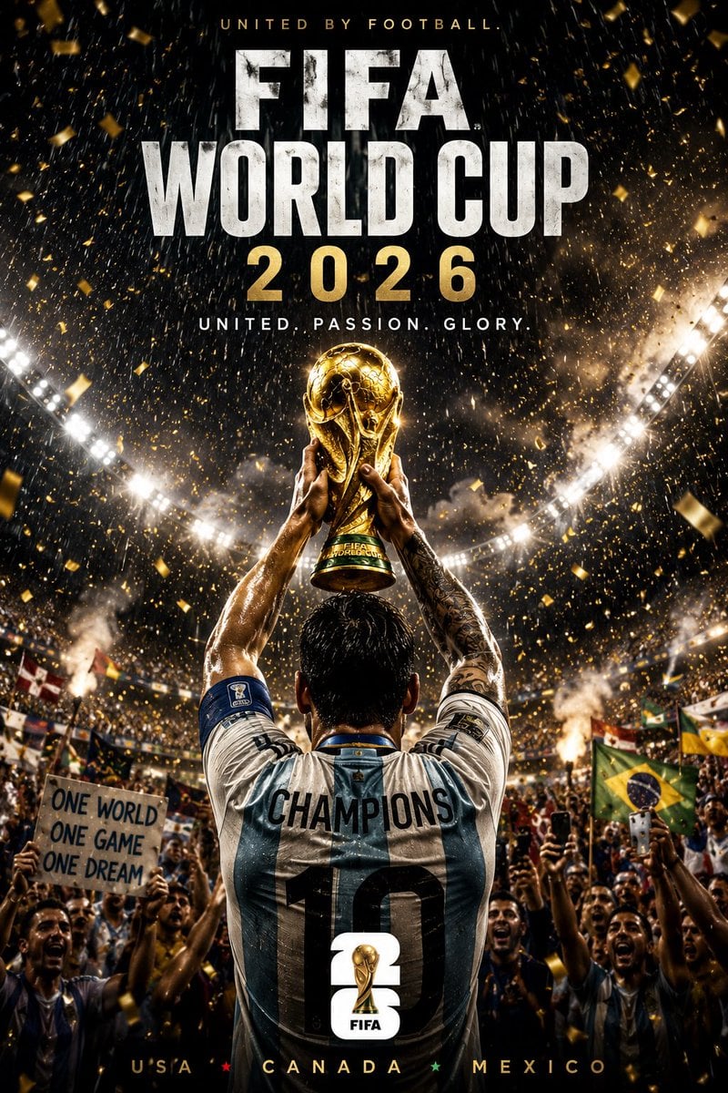 FIFA World Cup 2026 official-style cinematic poster, giant golden World Cup trop