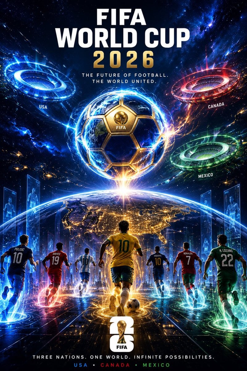 FIFA World Cup 2026 official-style cinematic poster, giant golden World Cup trop