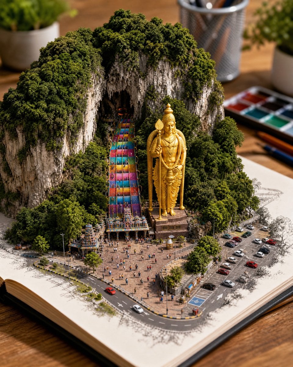 Create a hyper-realistic 3D miniature diorama of [LANDMARK OR LOCATION] rising m