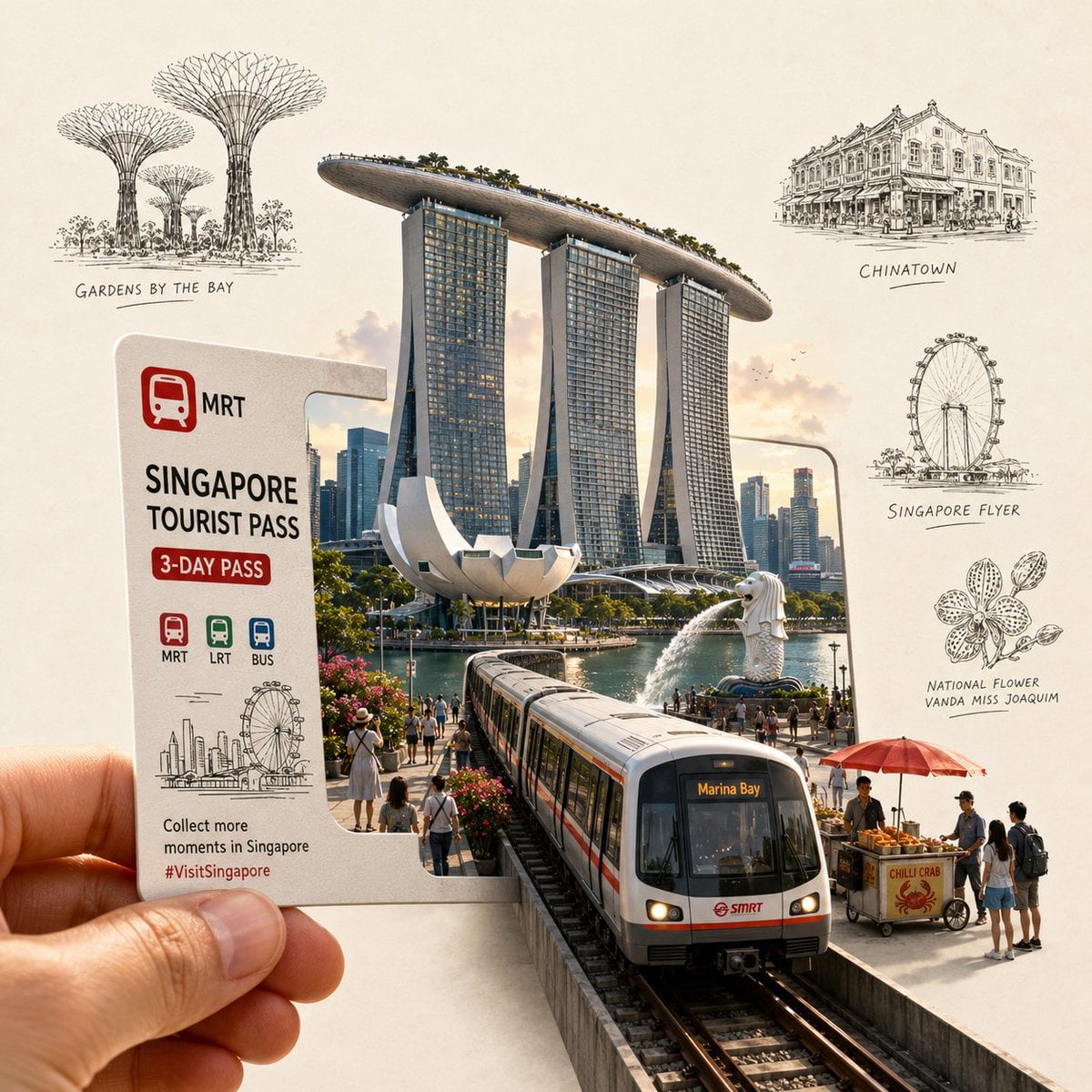 Create a highly detailed, premium travel-art illustration featuring a hand holdi
