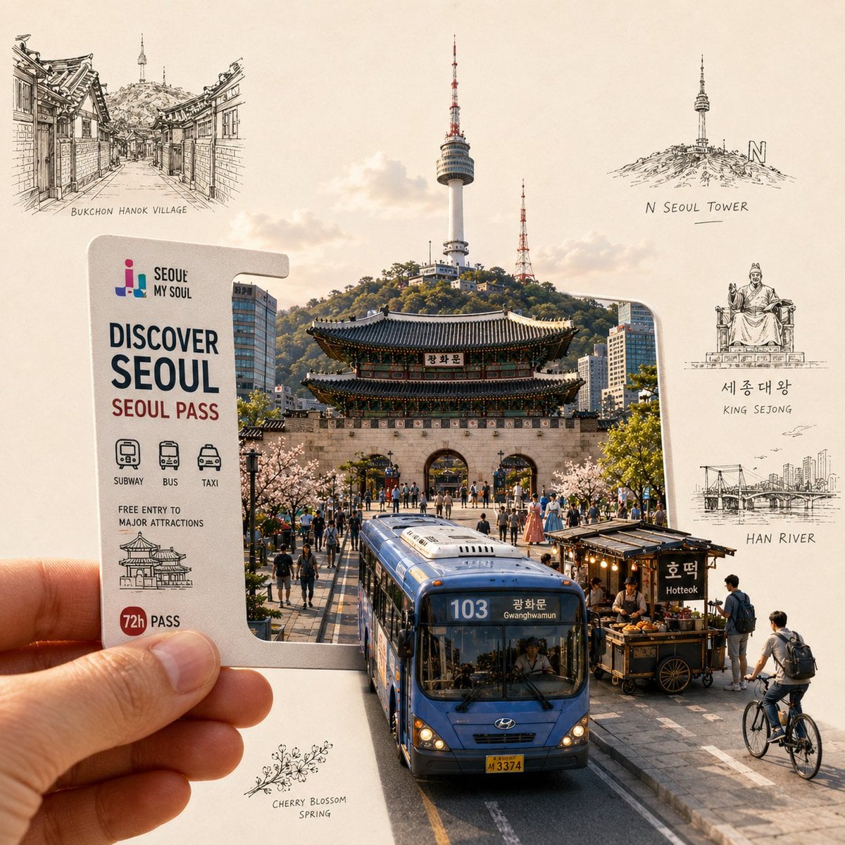 Create a highly detailed, premium travel-art illustration featuring a hand holdi