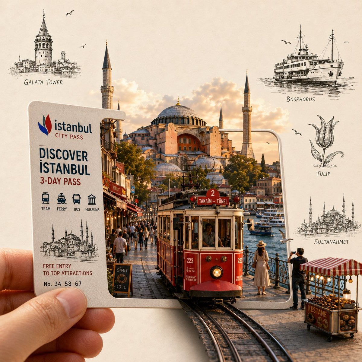 Create a highly detailed, premium travel-art illustration featuring a hand holdi