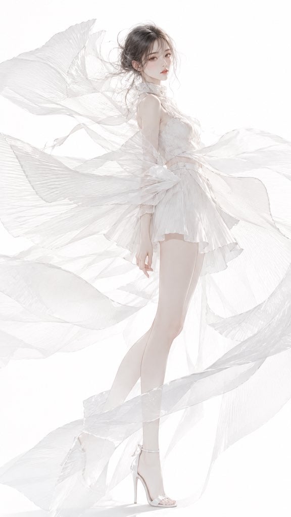 高端日系时装杂志封面感半写实二次元插画，主体为[xxx]。整体以白色、乳白、象牙白、雾灰白为主，低饱和、低对比、高曝光，画面空灵、安静、纯净。主体被大面积半透明