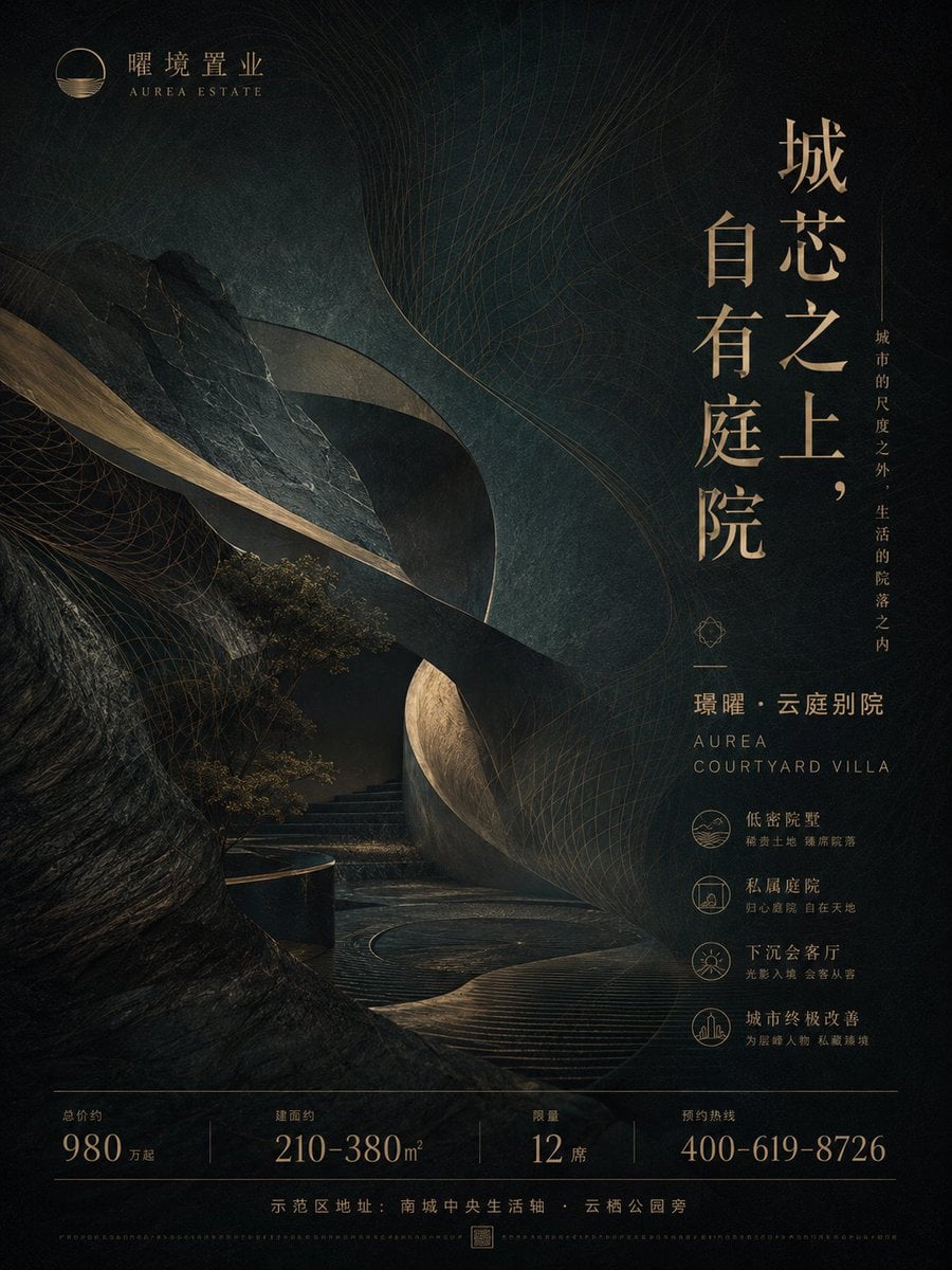 生成一张高端地产项目竖版广告海报，画面比例 3:4 或 4:5。

这是一个完全原创的 Demo 项目，请不要使用任何真实地产公司、真实楼盘名称、真实电话、真实