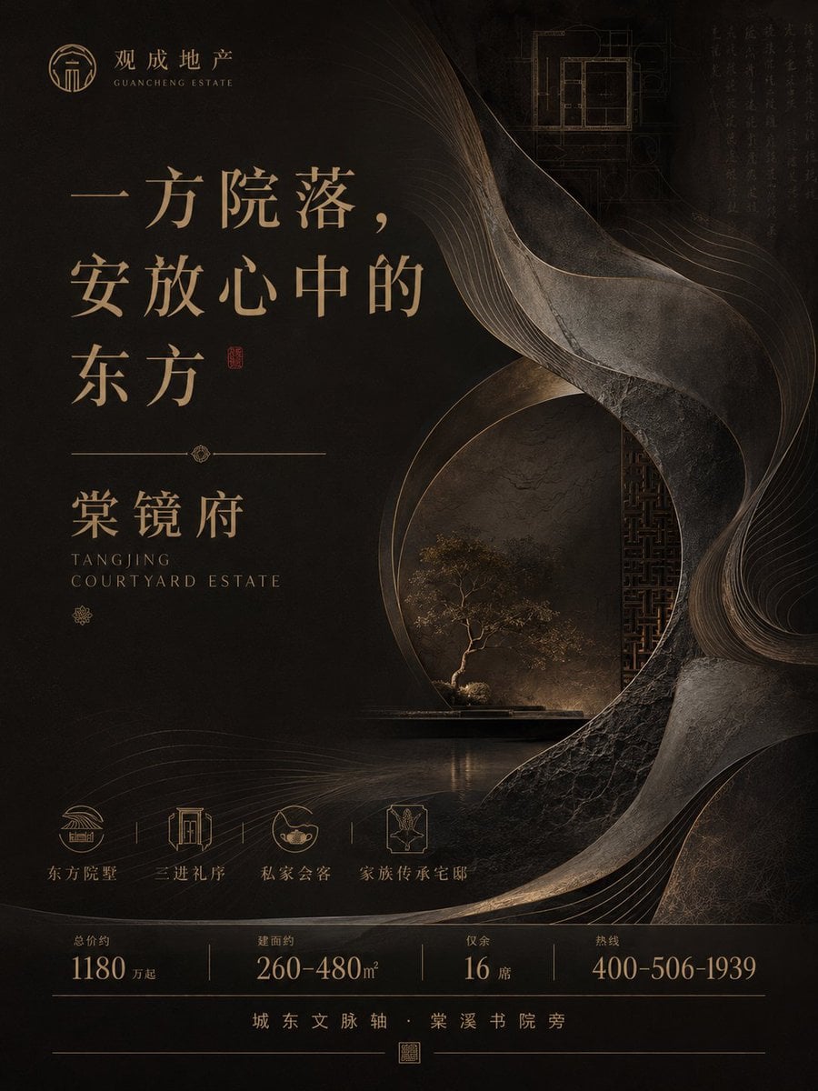 生成一张高端地产项目竖版广告海报，画面比例 3:4 或 4:5。

这是一个完全原创的 Demo 项目，请不要使用任何真实地产公司、真实楼盘名称、真实电话、真实