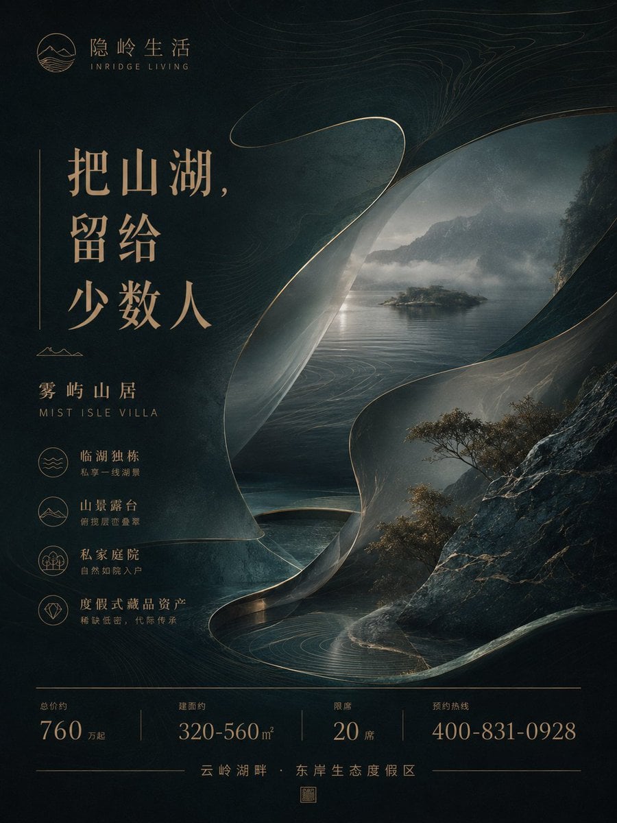 生成一张高端地产项目竖版广告海报，画面比例 3:4 或 4:5。

这是一个完全原创的 Demo 项目，请不要使用任何真实地产公司、真实楼盘名称、真实电话、真实