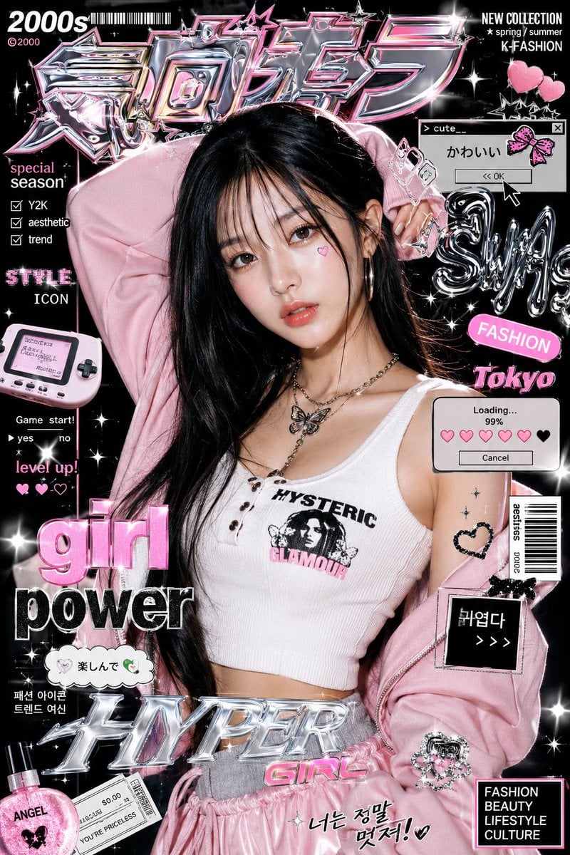 Ultra-stylized luxury fashion editorial poster featuring a confident young Asian