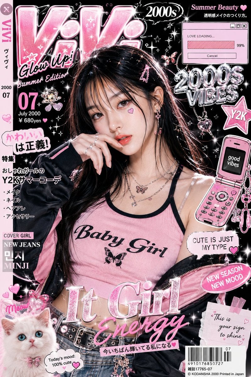 Ultra-stylized luxury fashion editorial poster featuring a confident young Asian