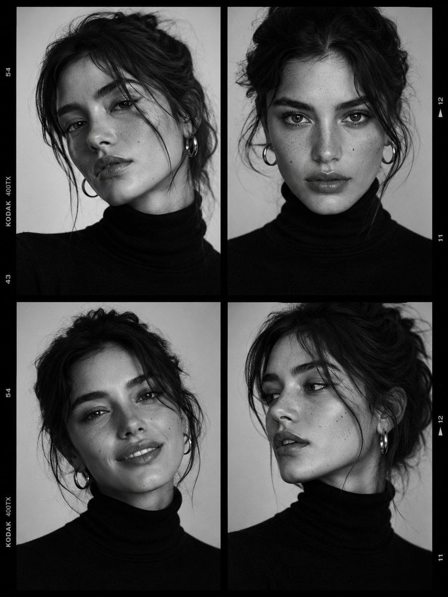 Ultra-viral black-and-white luxury fashion casting contact sheet portrait of a s