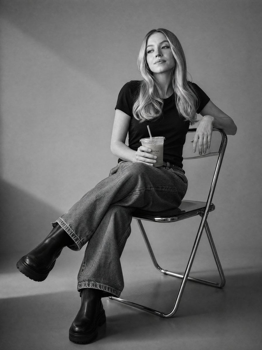 Create a black and white studio image of the person in the uploaded image, sitti