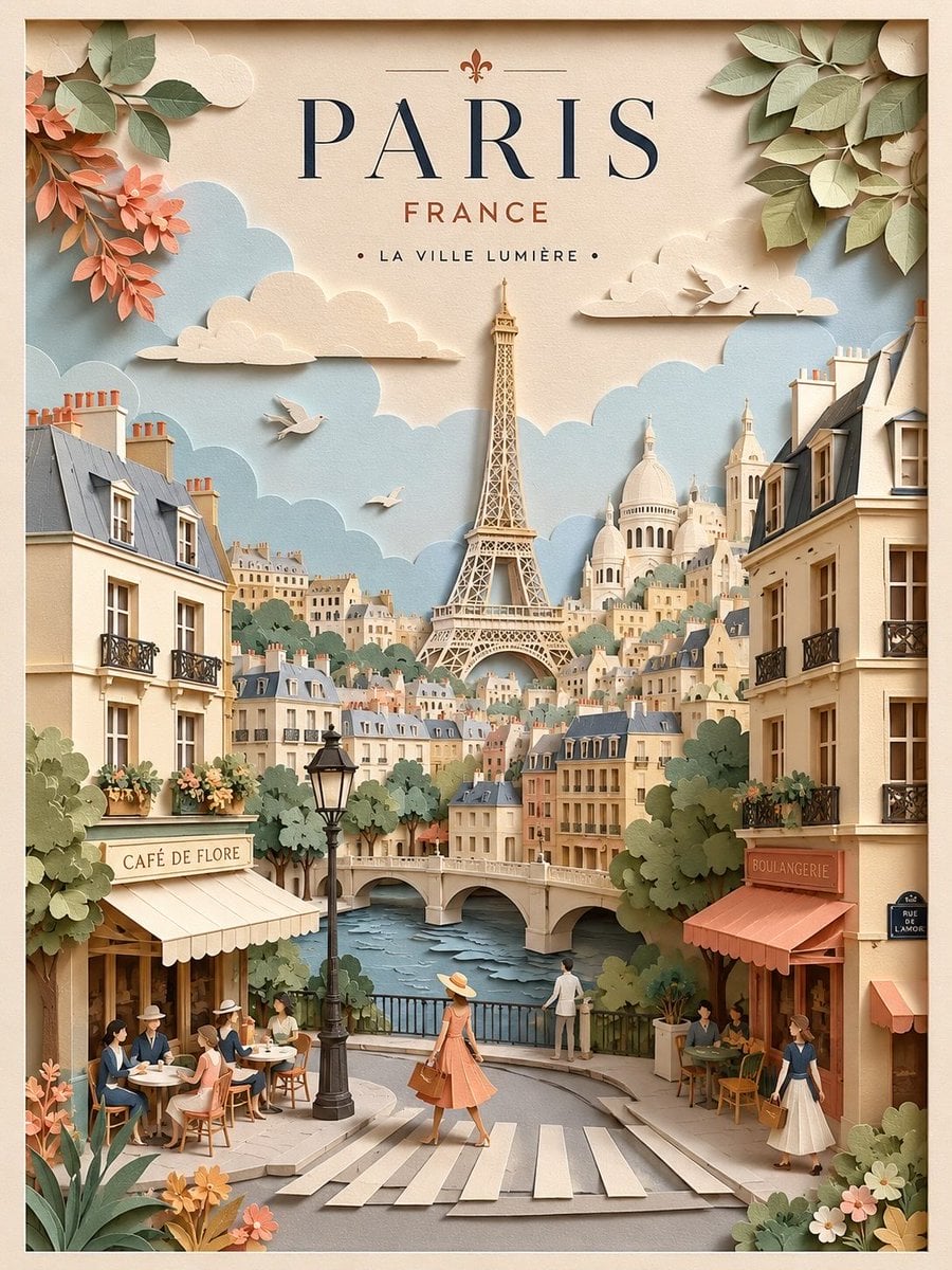 Create a highly detailed vertical travel poster in an elegant 3D layered paper-c