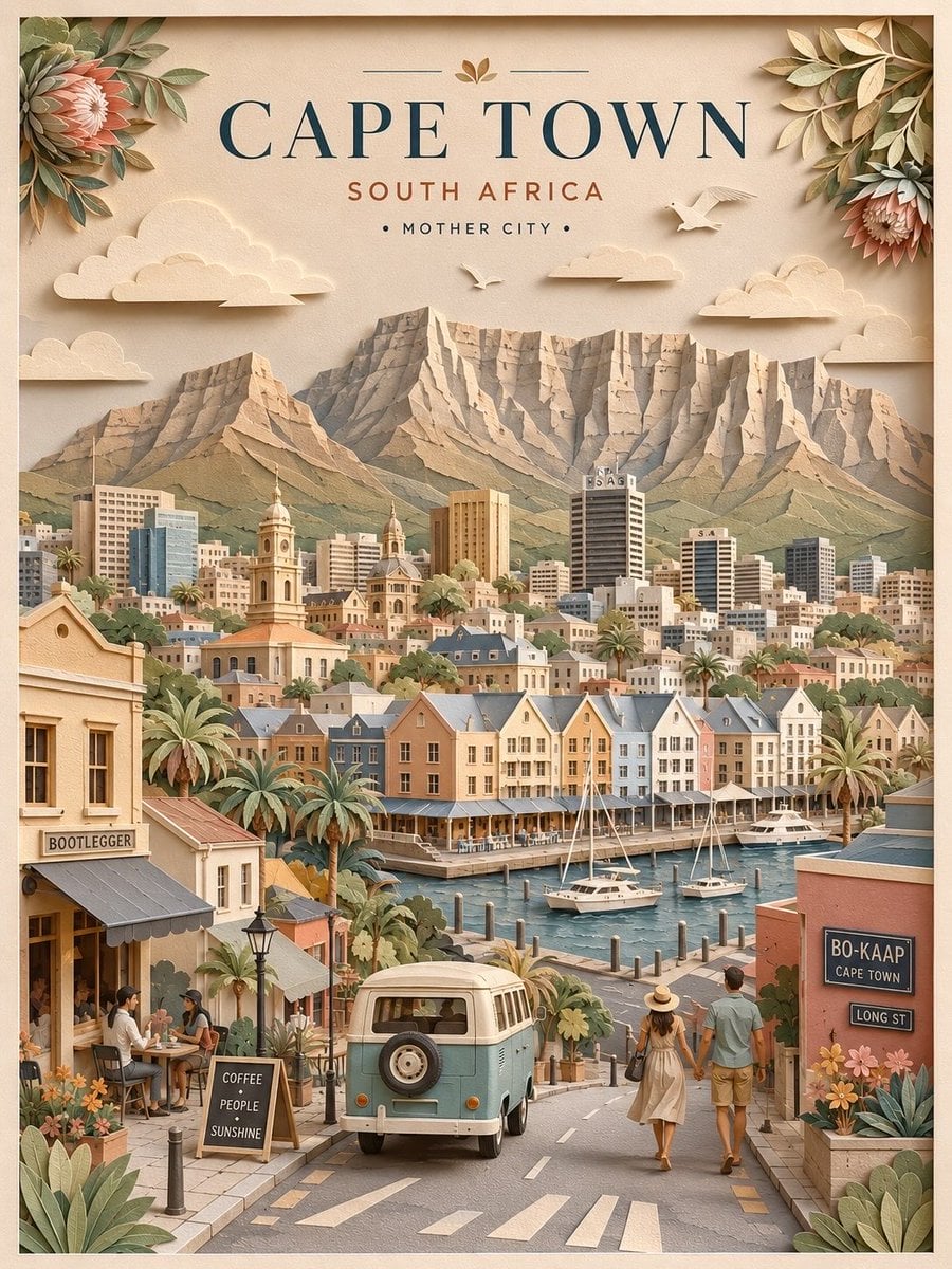 Create a highly detailed vertical travel poster in an elegant 3D layered paper-c