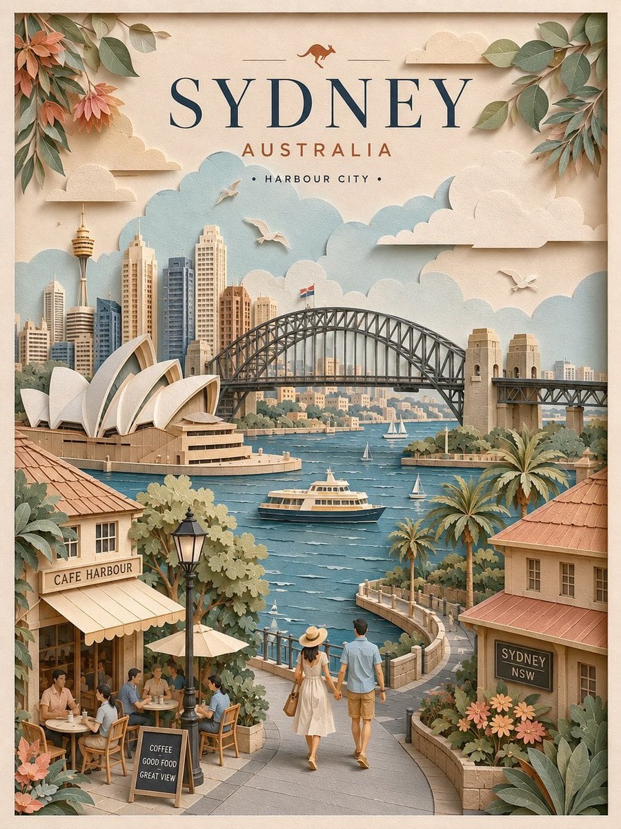 Create a highly detailed vertical travel poster in an elegant 3D layered paper-c