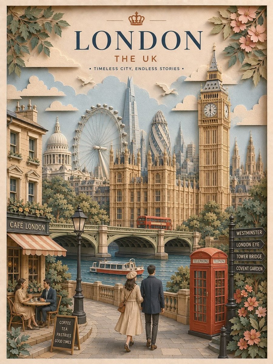 Create a highly detailed vertical travel poster in an elegant 3D layered paper-c