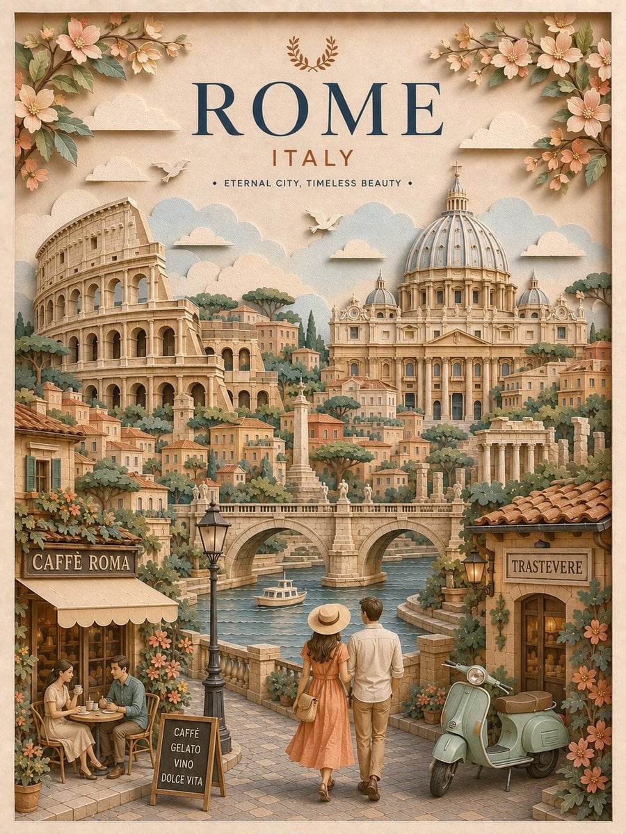 Create a highly detailed vertical travel poster in an elegant 3D layered paper-c
