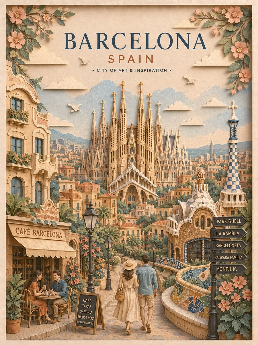 Create a highly detailed vertical travel poster in an elegant 3D layered paper-c
