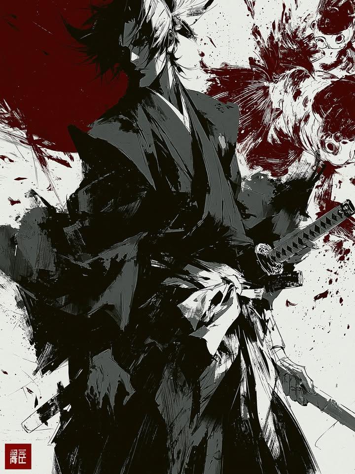 Dark ink wash painting, lone samurai warrior holding katana, wearing traditional