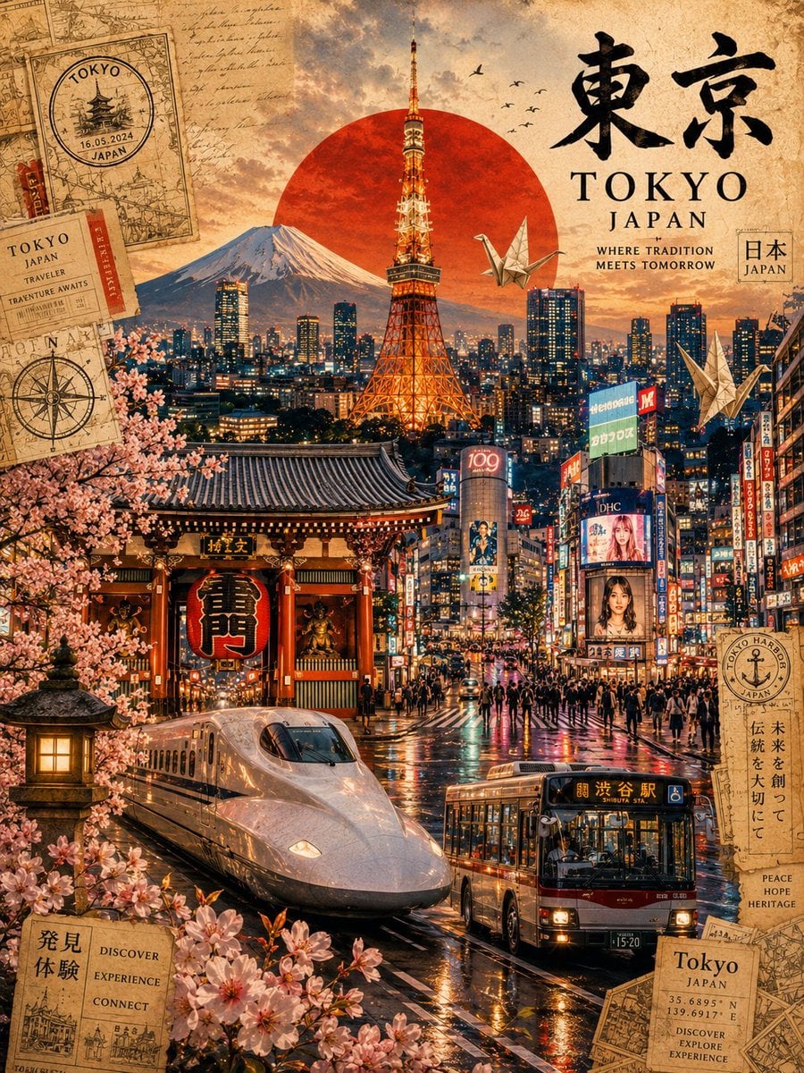 Ultra-viral cinematic travel poster of Nagasaki, Japan, designed for Pinterest, 