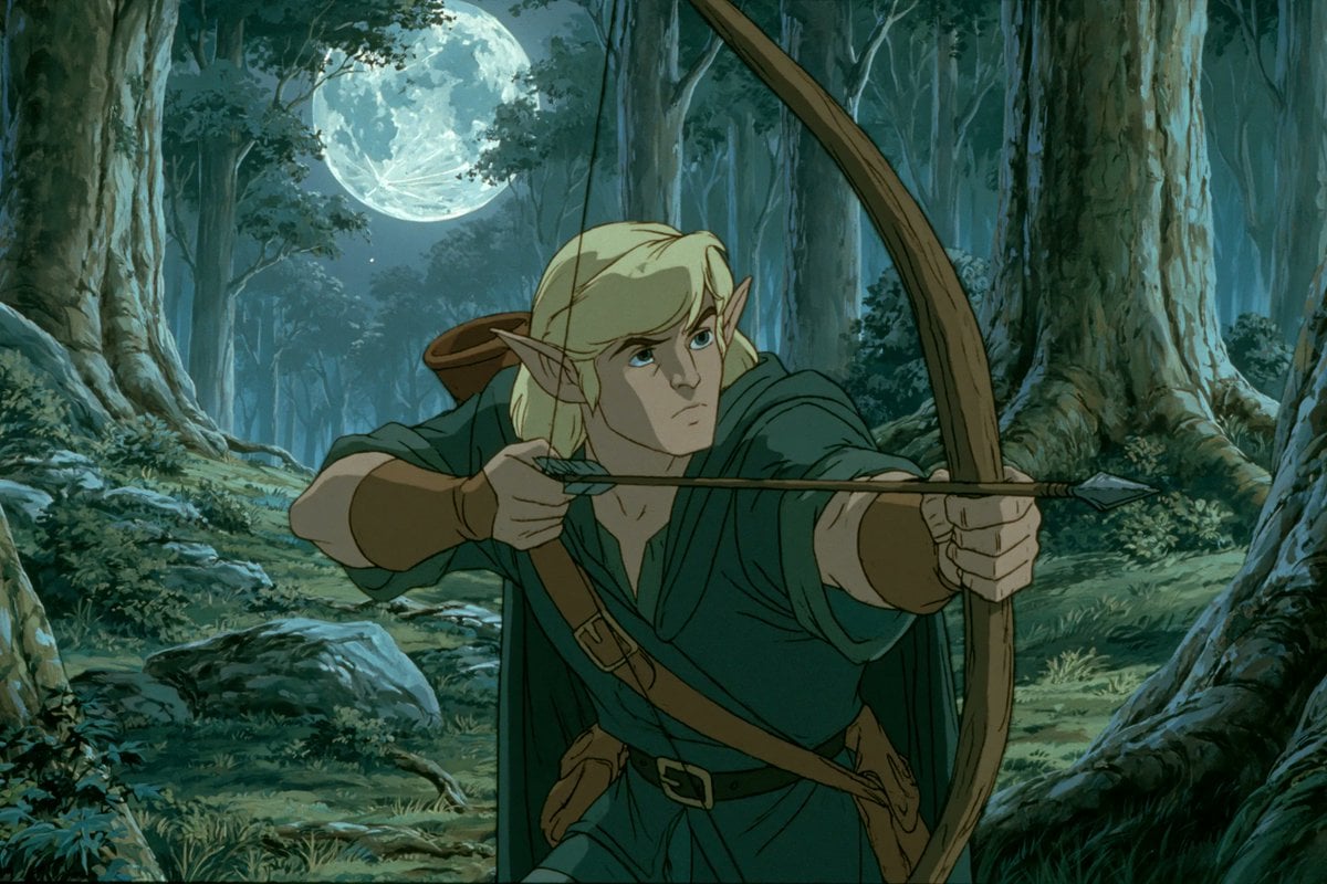 1980s American fantasy animation style, a [subject] holding a [object], in a [en