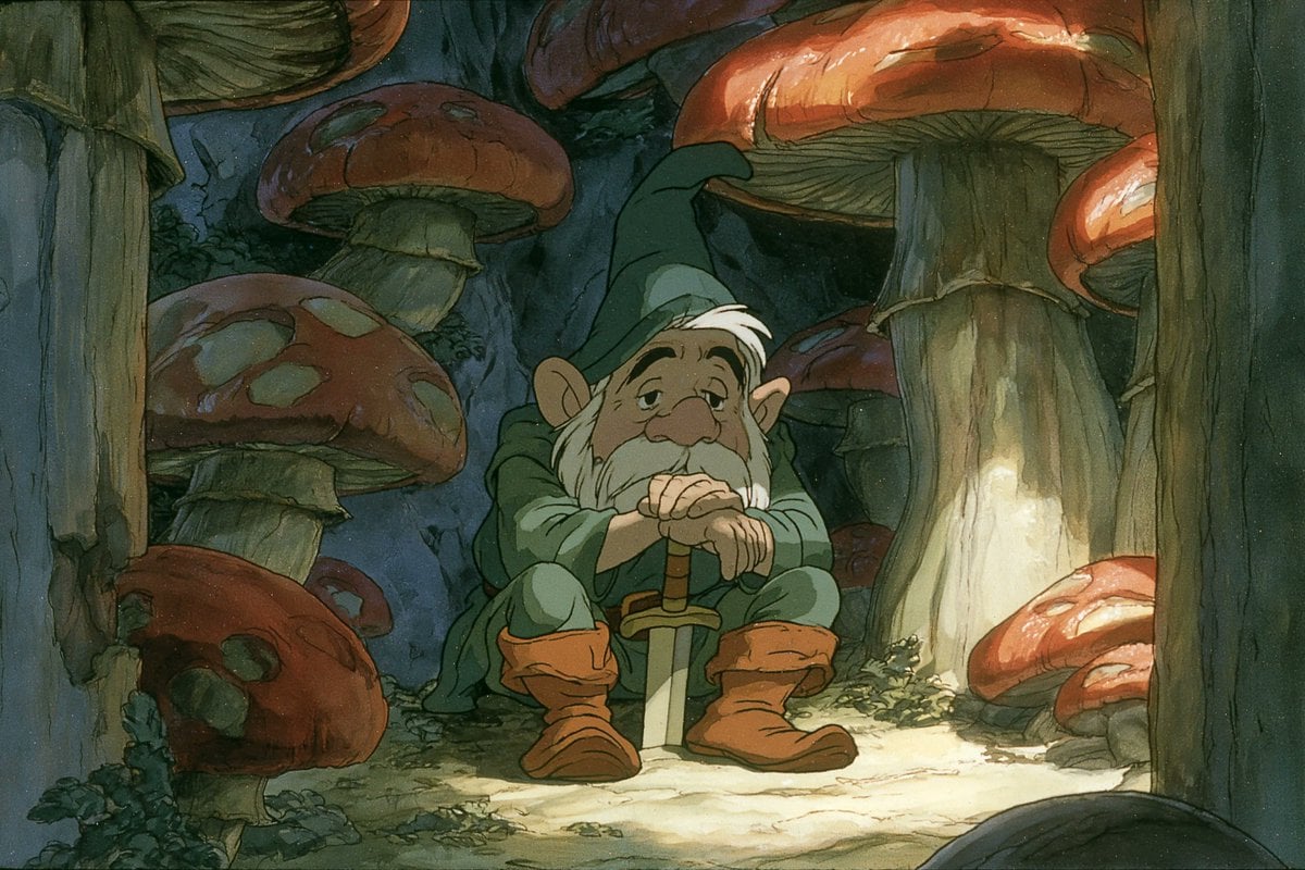 1980s American fantasy animation style, a [subject] holding a [object], in a [en