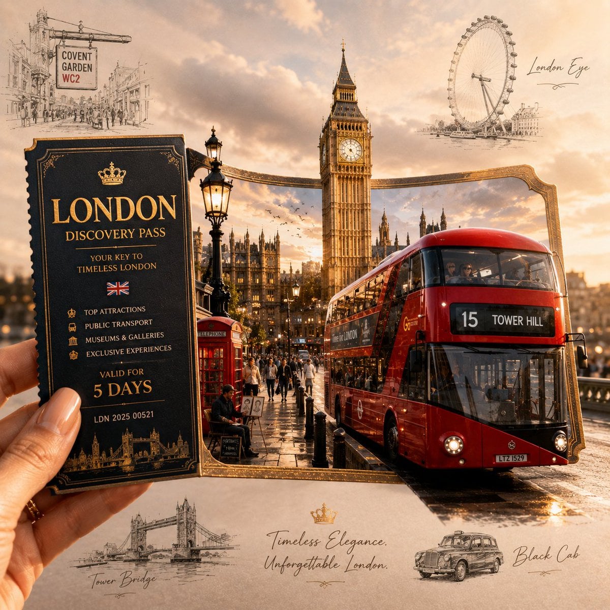 Create a highly detailed, premium travel-art illustration featuring a hand holdi