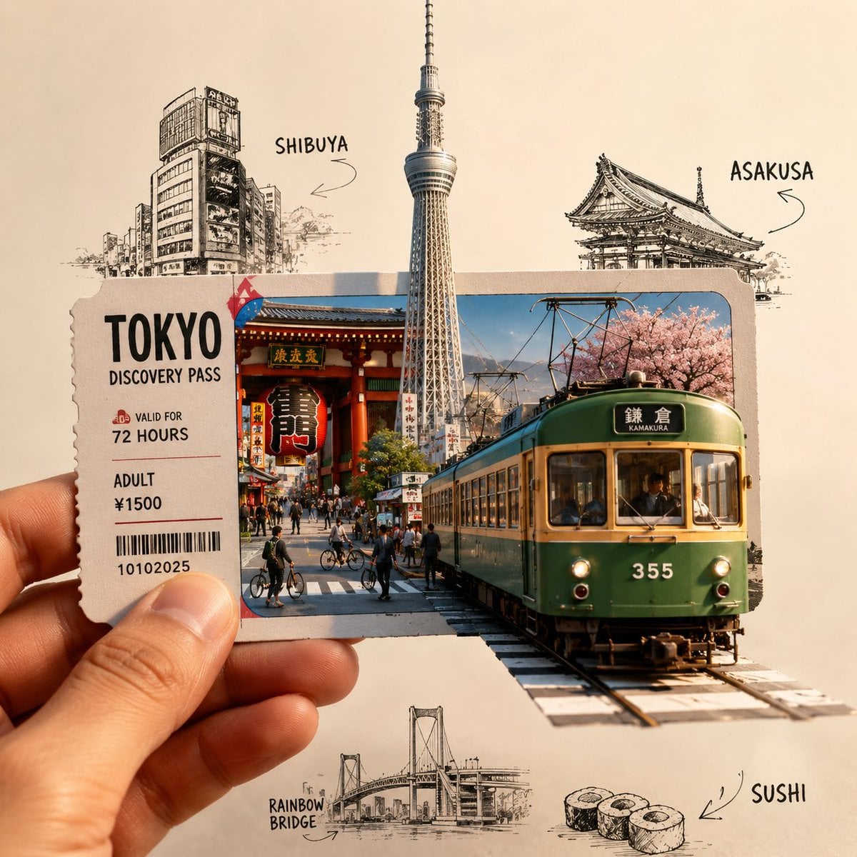 Create a highly detailed, premium travel-art illustration featuring a hand holdi