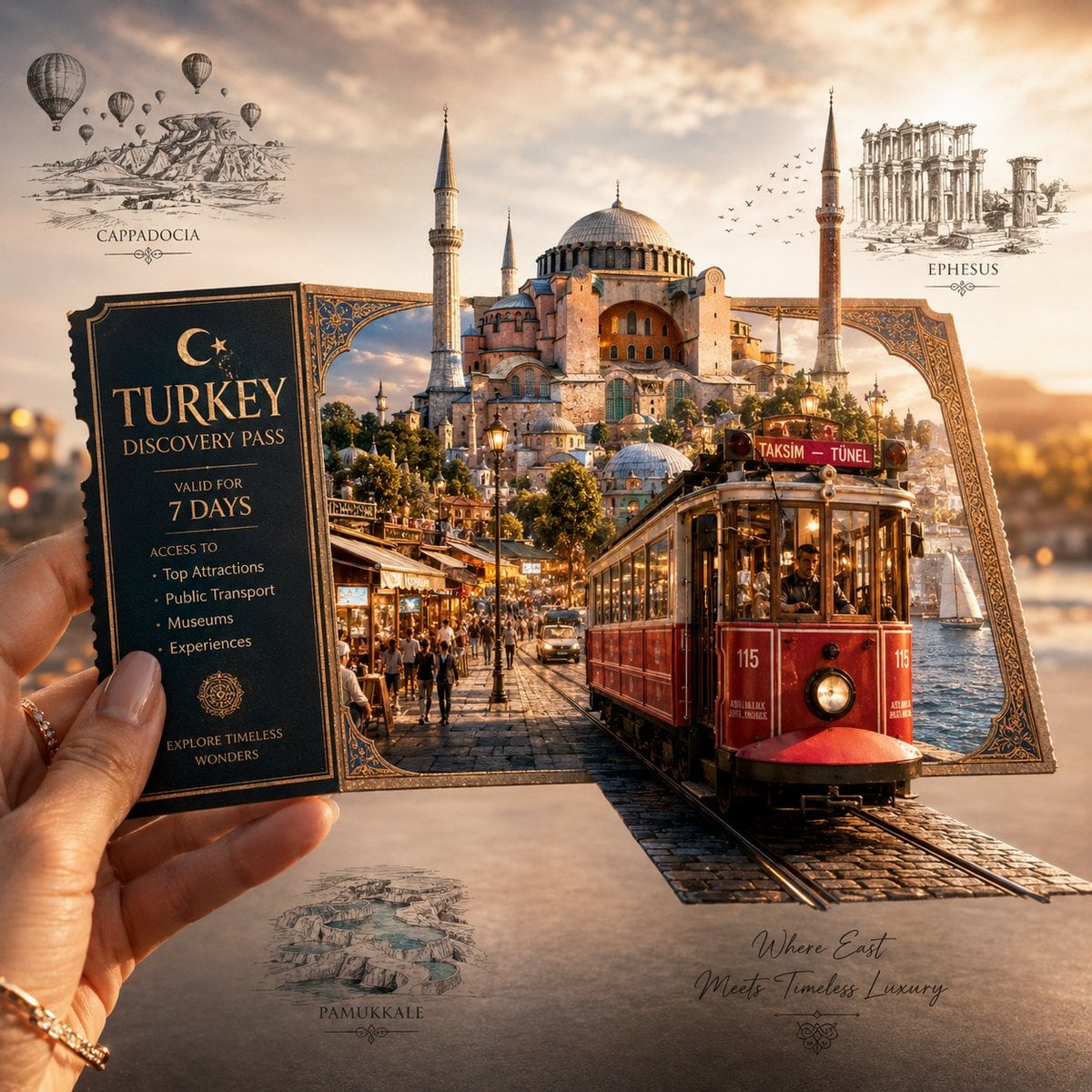 Create a highly detailed, premium travel-art illustration featuring a hand holdi