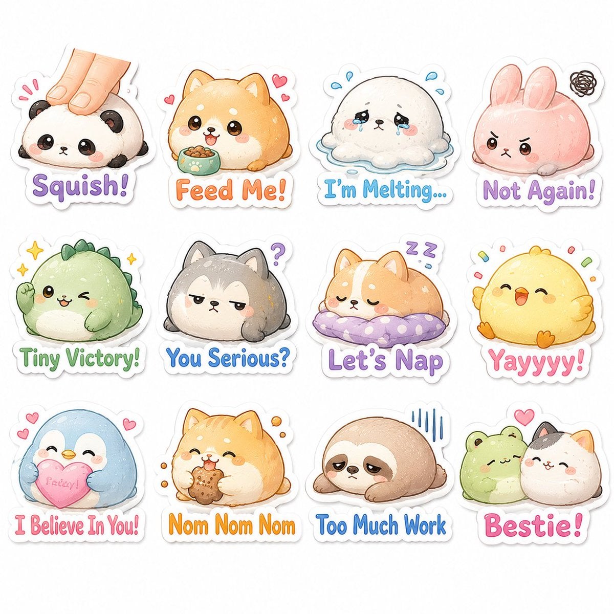 Cute illustrated chibi cat sticker-pack, fluffy kitten design, expressive eyes, 