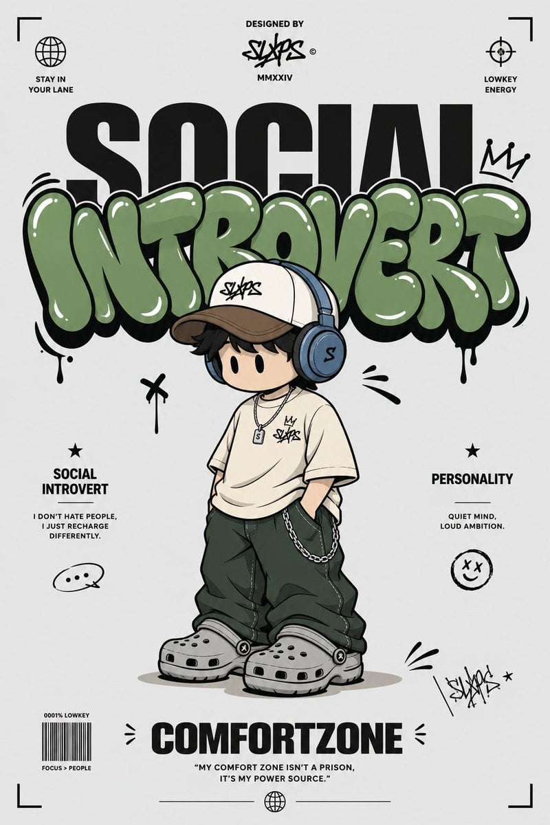 Ultra clean streetwear graphic poster on a minimalist light gray background. Mas