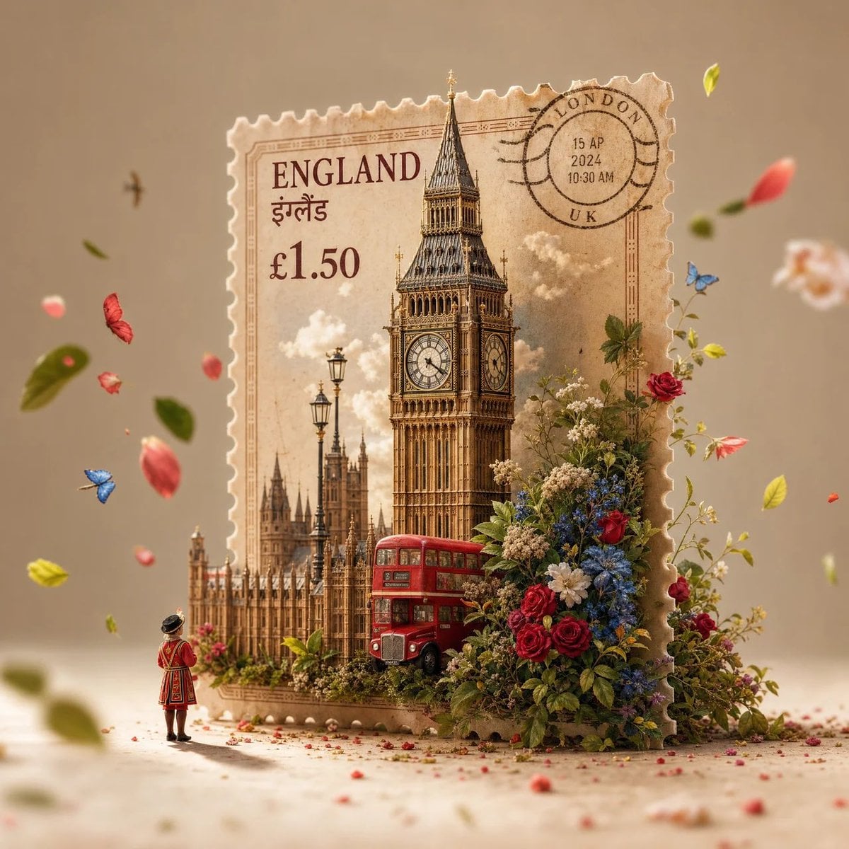 A hyper-realistic macro photography shot of a giant, freestanding vintage postag