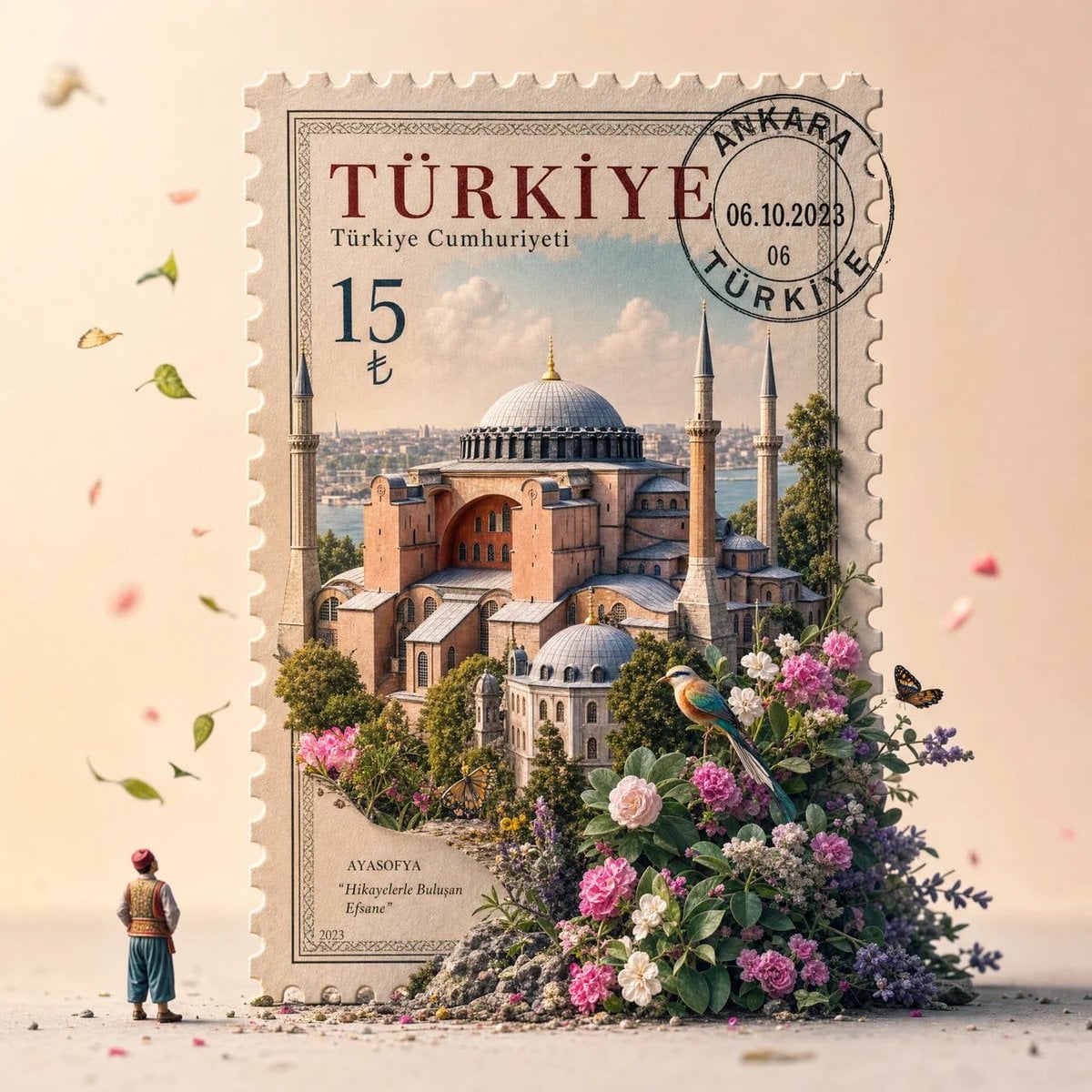 A hyper-realistic macro photography shot of a giant, freestanding vintage postag