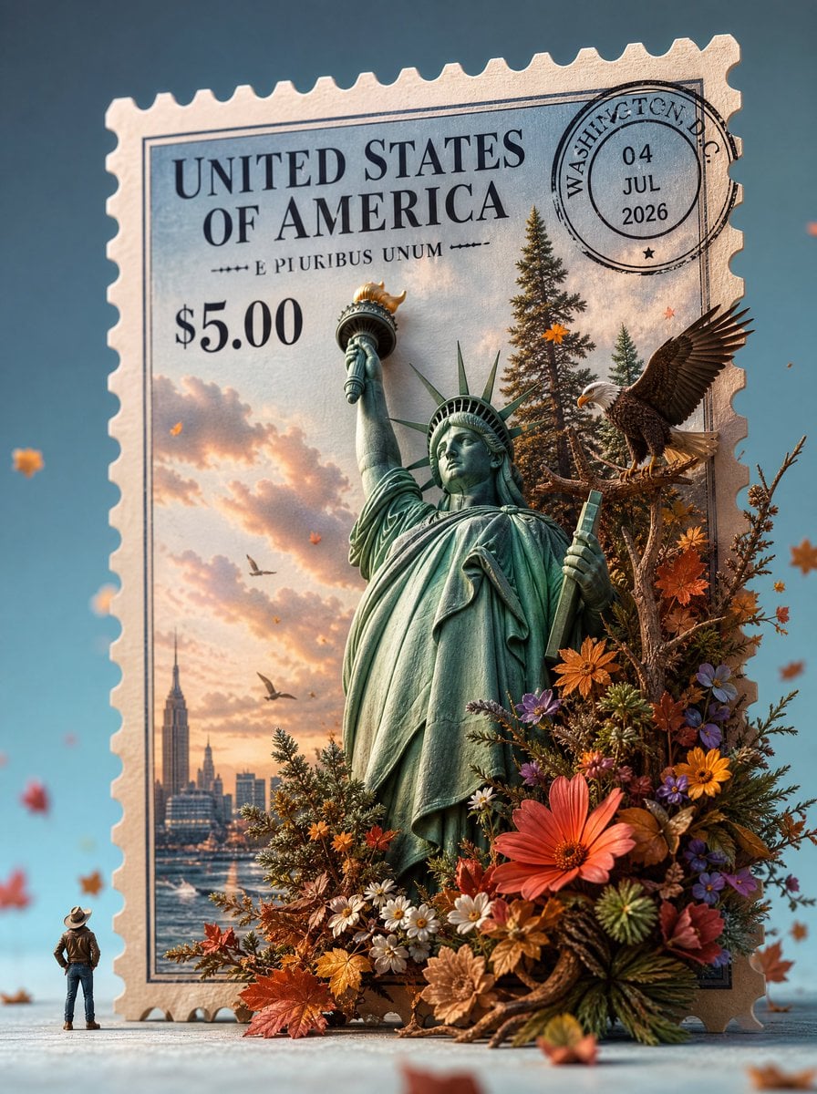 A hyper-realistic macro photography shot of a giant, freestanding vintage postag