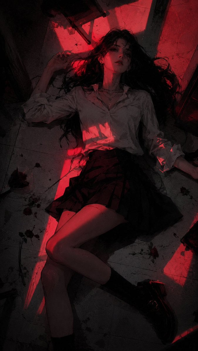 暗黑红光半写实二次元插画，主体为[xxx]，高级韩系潮流时尚海报感，黑色、深灰、暗酒红、猩红色主色，冷灰白背景，大面积暗部接近纯黑，强烈红色霓虹硬光切割主体，锐