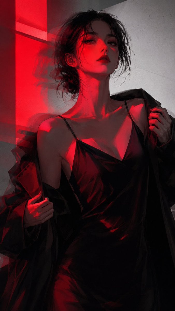 暗黑红光半写实二次元插画，主体为[xxx]，高级韩系潮流时尚海报感，黑色、深灰、暗酒红、猩红色主色，冷灰白背景，大面积暗部接近纯黑，强烈红色霓虹硬光切割主体，锐