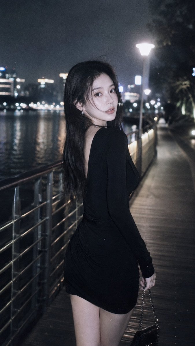 摄影风格：柔光CCD风
写真方向：夜色都市氛围街拍
场景方向：湖边夜间栈道 / 路灯 / 水面倒影 / 栏杆步道
服装方向：黑色长袖修身连衣裙 + 银色耳饰 +