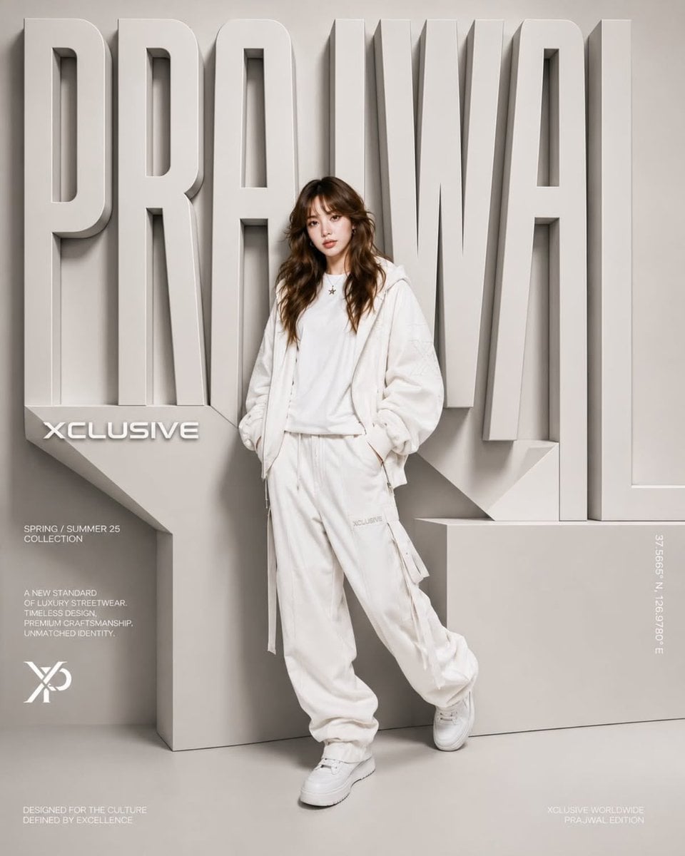 A high-end fashion campaign poster featuring a young model standing confidently 