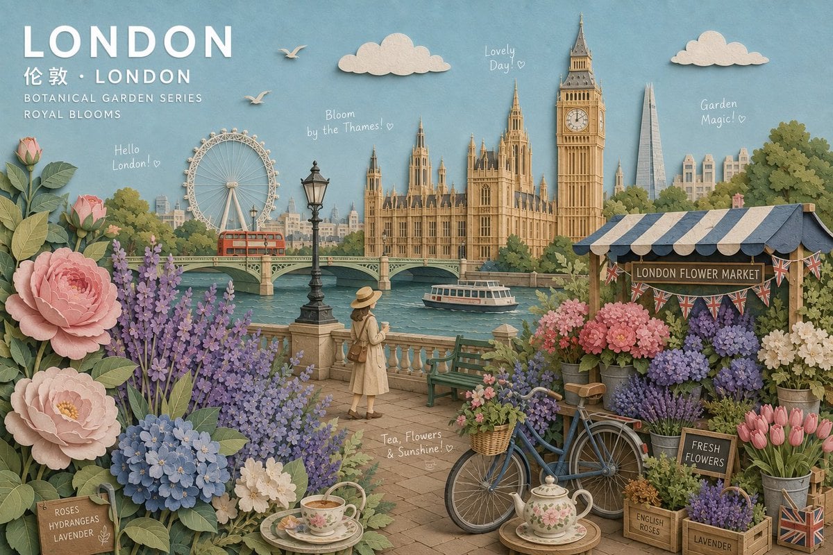Create a museum-quality handcrafted 3D paper-collage botanical travel poster of 