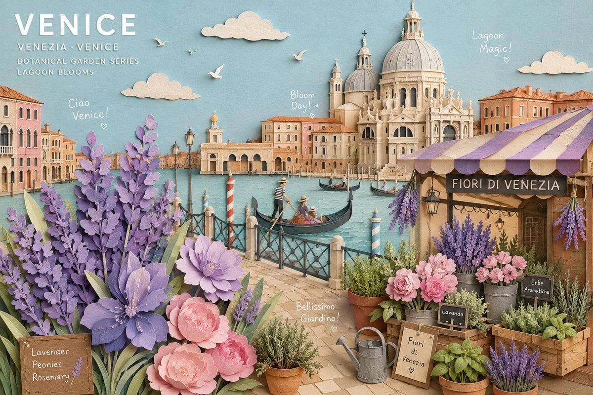 Create a museum-quality handcrafted 3D paper-collage botanical travel poster of 