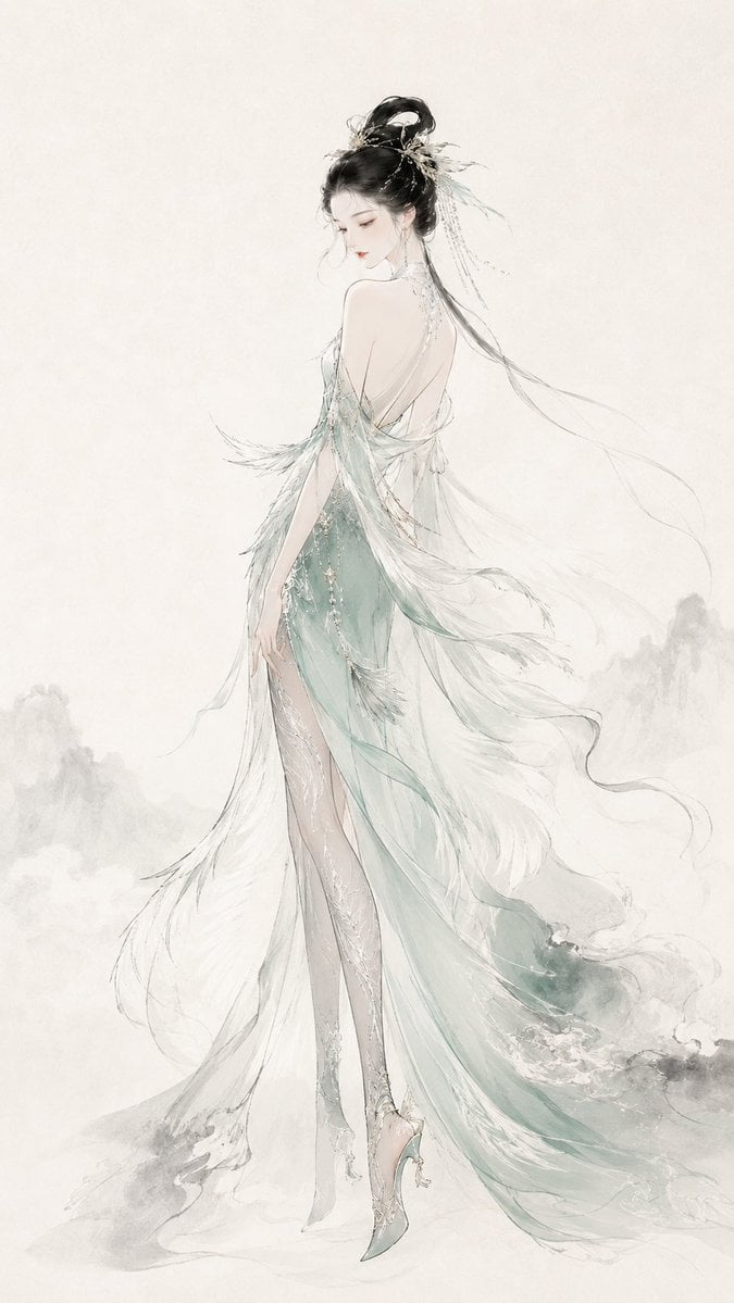 请生成一张 9:16 竖版的原创东方时装插画，主题为[主题名称]。  
整体风格融合：现代东方高定、中国水墨、淡彩水彩、细腻书法式线条、宣纸留白、高级时装海报感