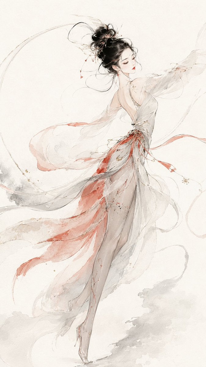 请生成一张 9:16 竖版的原创东方时装插画，主题为[主题名称]。  
整体风格融合：现代东方高定、中国水墨、淡彩水彩、细腻书法式线条、宣纸留白、高级时装海报感