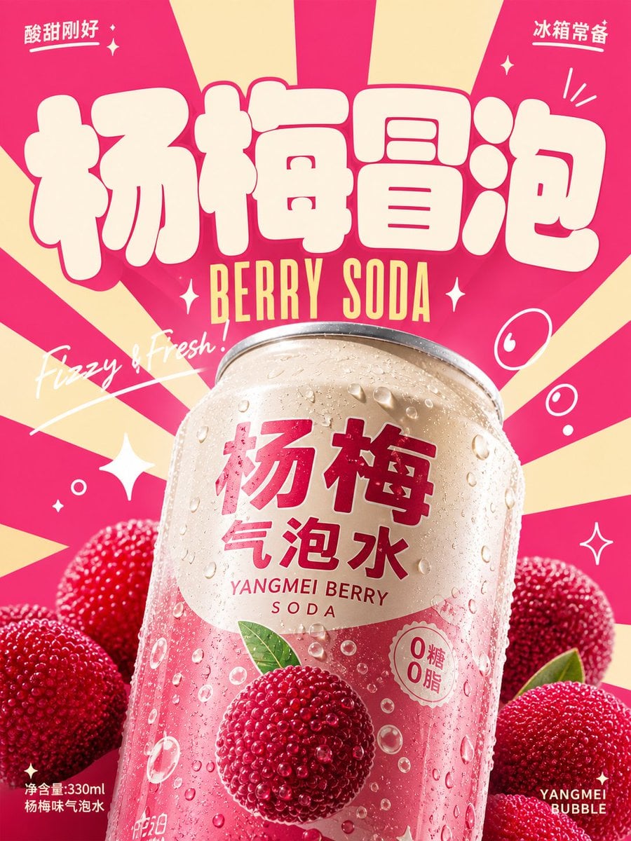 围绕具体饮料主题生成一张明亮轻快的复古商业广告视觉：画面第一眼由超大、厚实、圆角饱满的主题字标建立记忆点，字形像柔软膨胀的招牌块面，浅色填充、边缘干净，压住上方